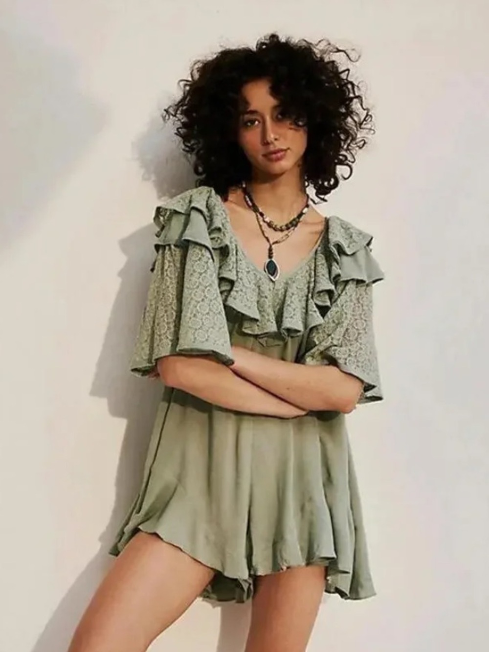 NEW Free People Rush For Ruffles Sage Green Lace Romper S Small